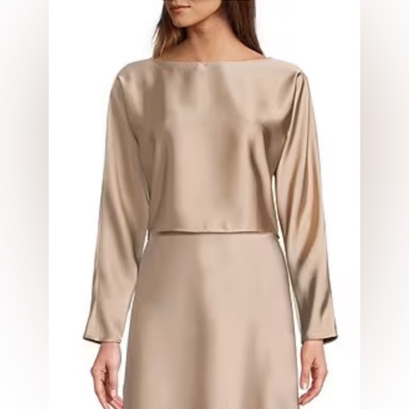 ANTONIO MELANI Tops - Antonio Melani Blyss Drapey Satin‎ Boat Neck Long Sleeve Champagne Blouse Size L